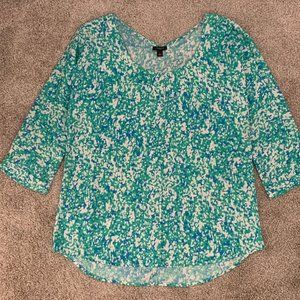 Ann Taylor Scoop Neck Speckled Blue Green White Blouse W/ Three Quarter Sleeve